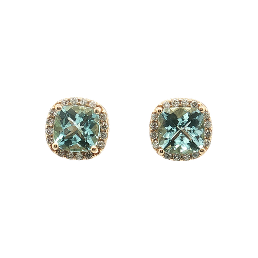 14K Yellow Gold Aquamarine with Diamond Halo Stud Earrings