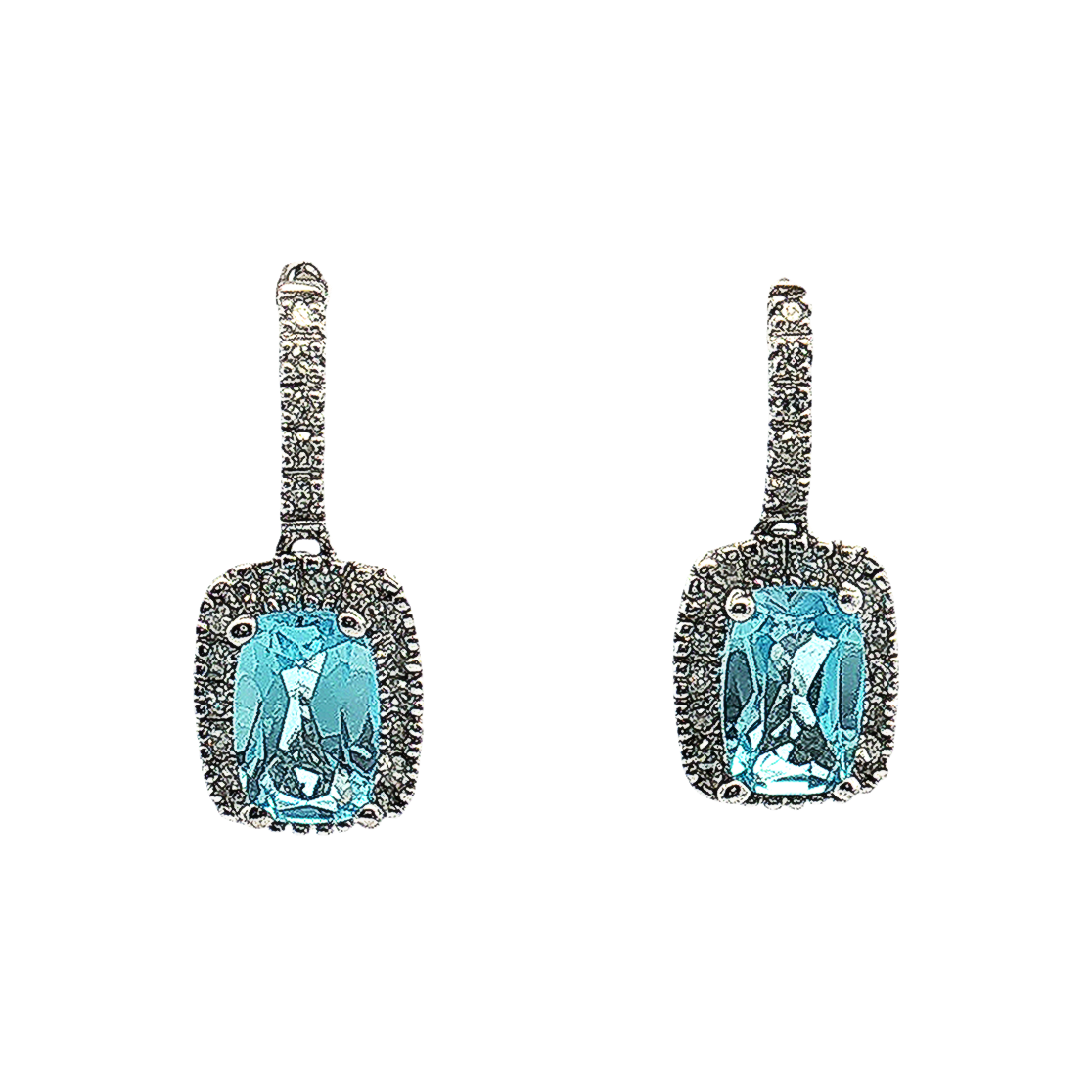 14K White Gold Blue Topaz and Diamond Halo Drop Earrings
