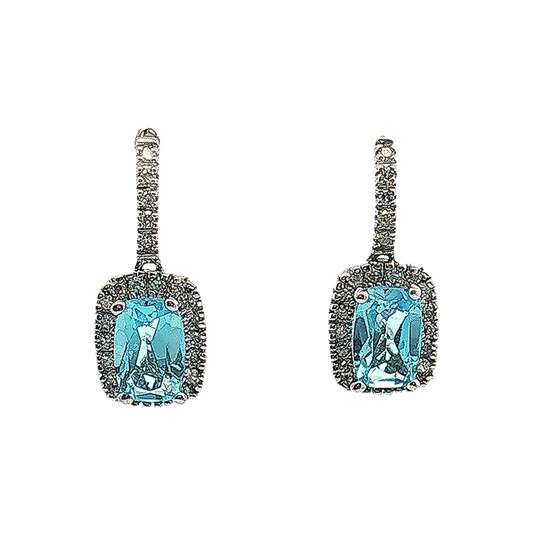 14K White Gold Blue Topaz and Diamond Halo Drop Earrings