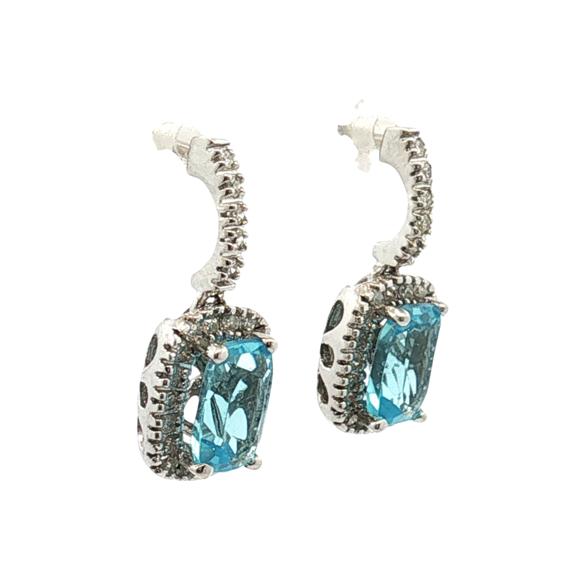 14K White Gold Blue Topaz and Diamond Halo Drop Earrings