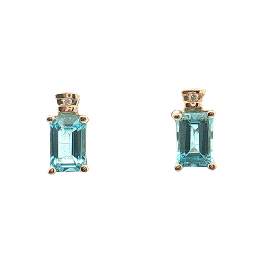 10K Yellow Gold Blue Topaz and Diamond Stud Earrings