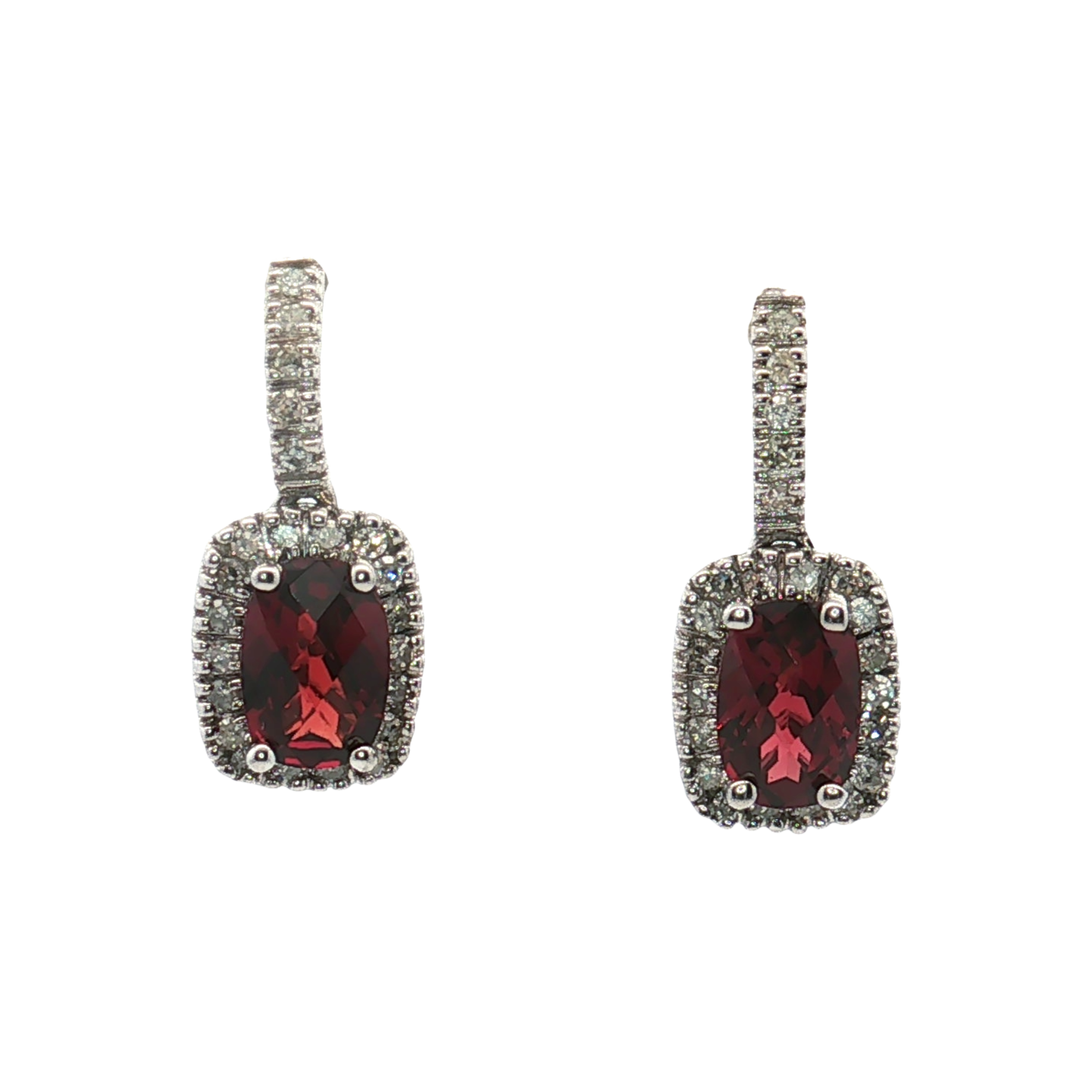 14K White Gold Garnet and Diamond Halo Drop Earrings