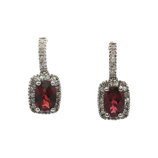 14K White Gold Garnet and Diamond Halo Drop Earrings