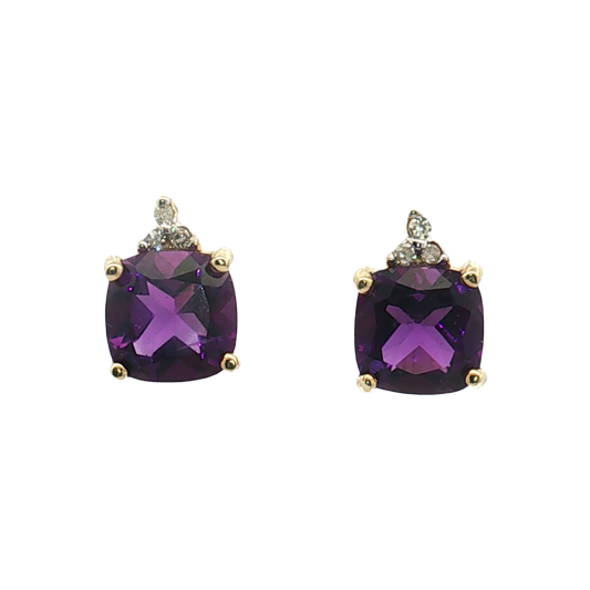 10K Yellow Gold Amethyst and Diamond Stud Earrings