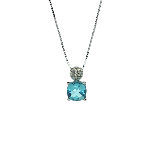 14K White Gold Blue Topaz and Diamond Pendant