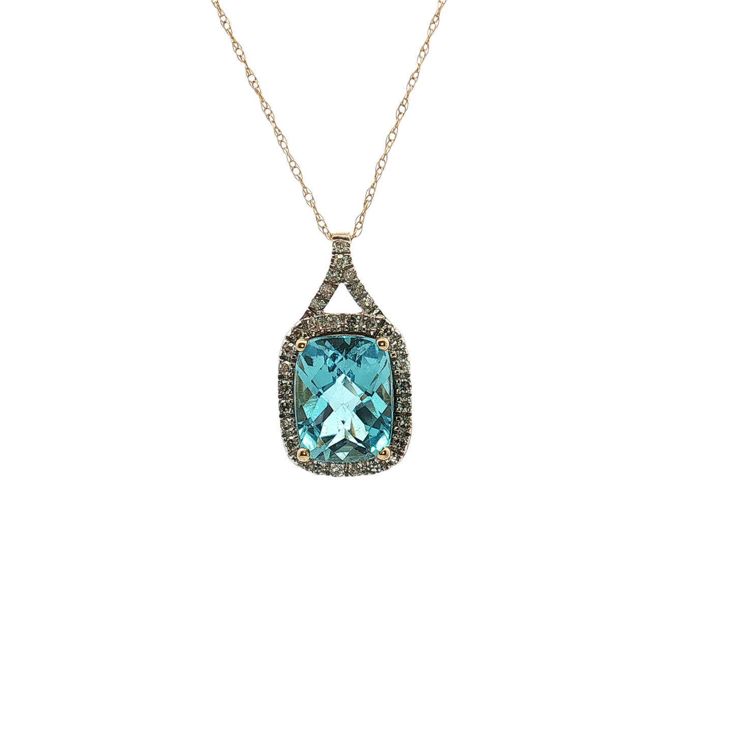 14K Yellow Gold Blue Topaz and Diamond Halo Pendant