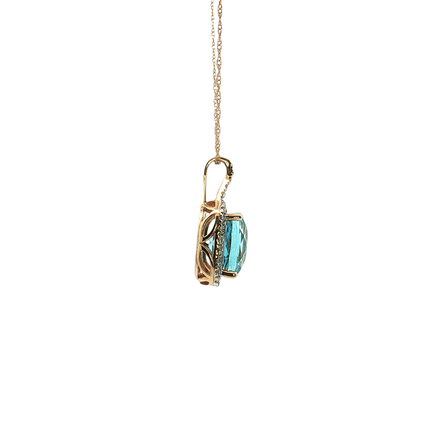 14K Yellow Gold Blue Topaz and Diamond Halo Pendant