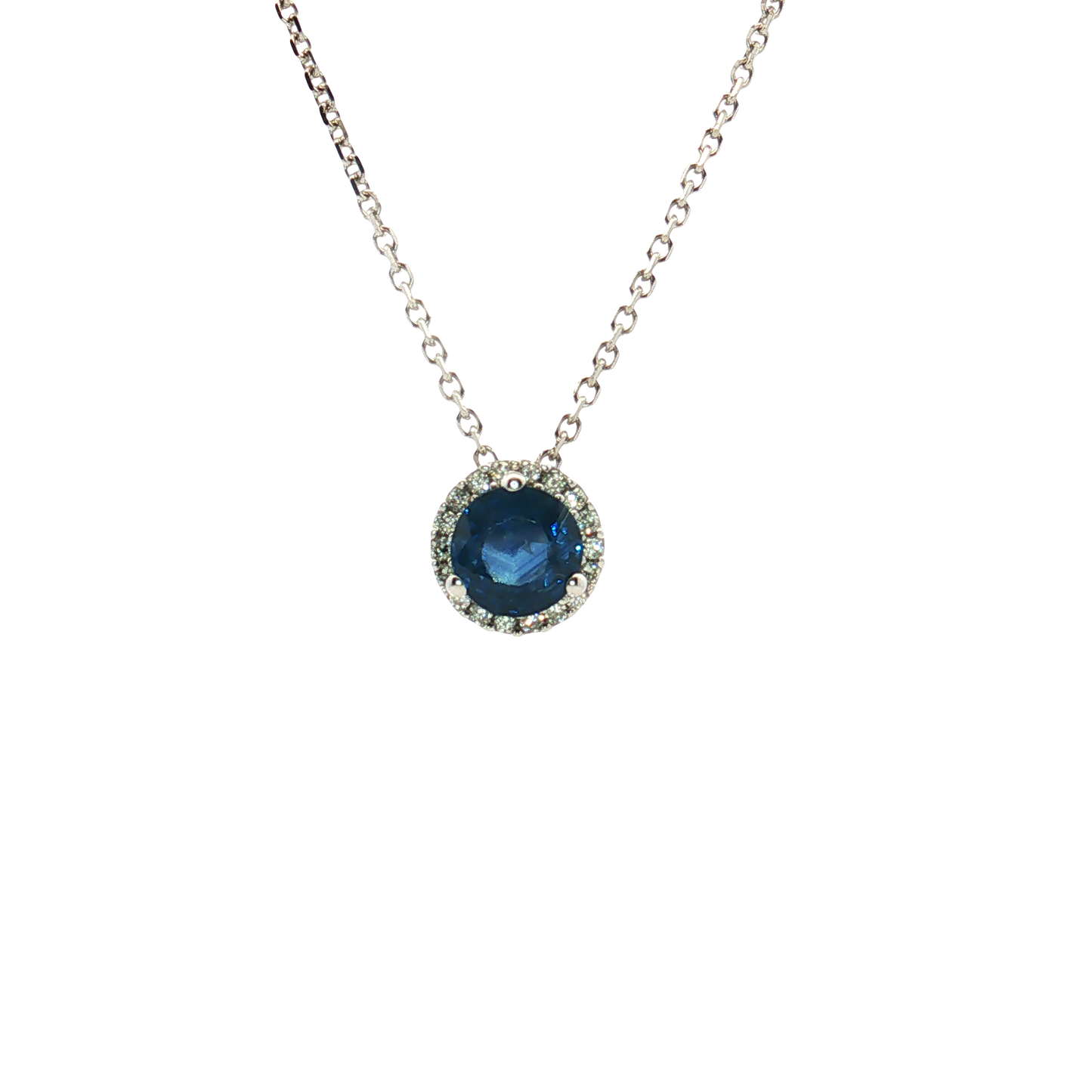 14K White Gold Blue Sapphire and Diamond Halo Pendants