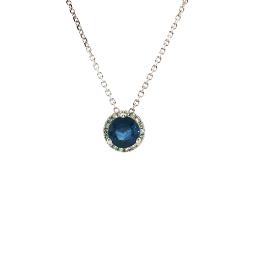 14K White Gold Blue Sapphire and Diamond Halo Pendants