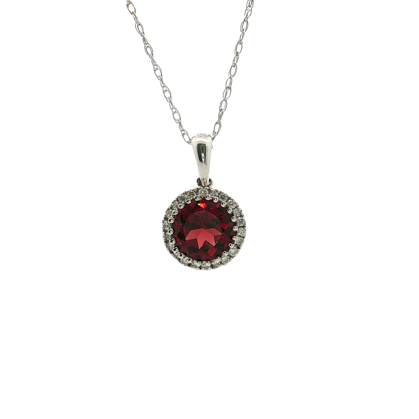 14K White Gold Garnet with Diamond Halo Pendant