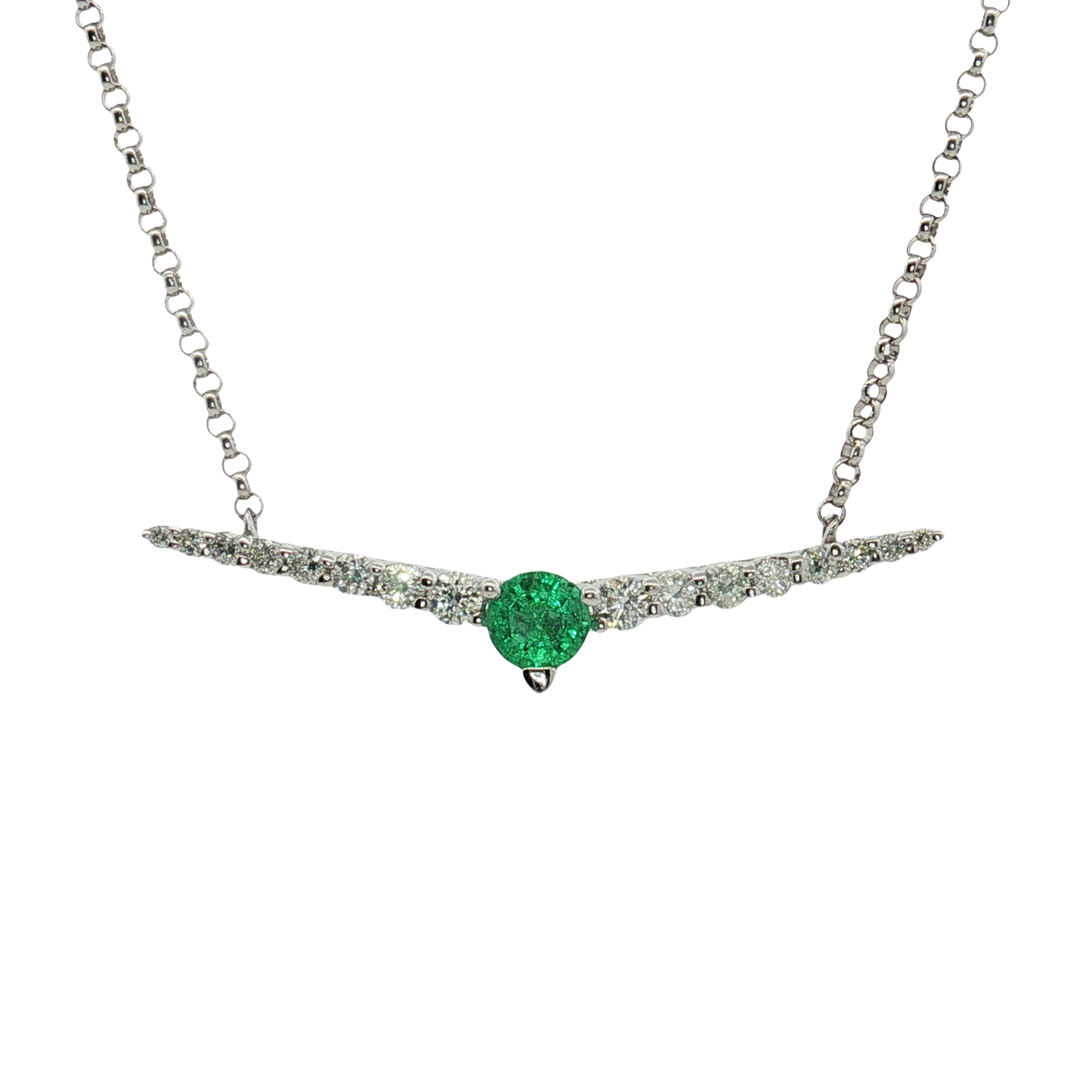 14K White Gold Station Emerald and Diamond Pendant