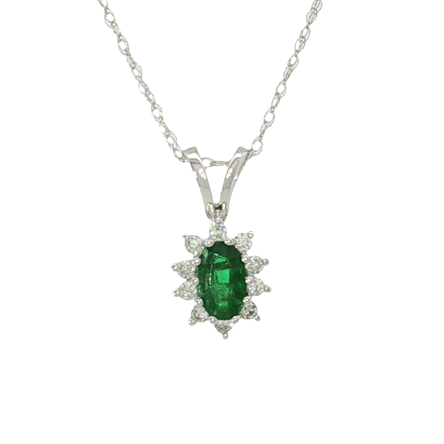 14K White Gold Emerald and Diamond Pendant