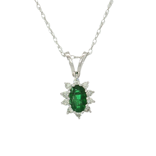 14K White Gold Emerald and Diamond Pendant
