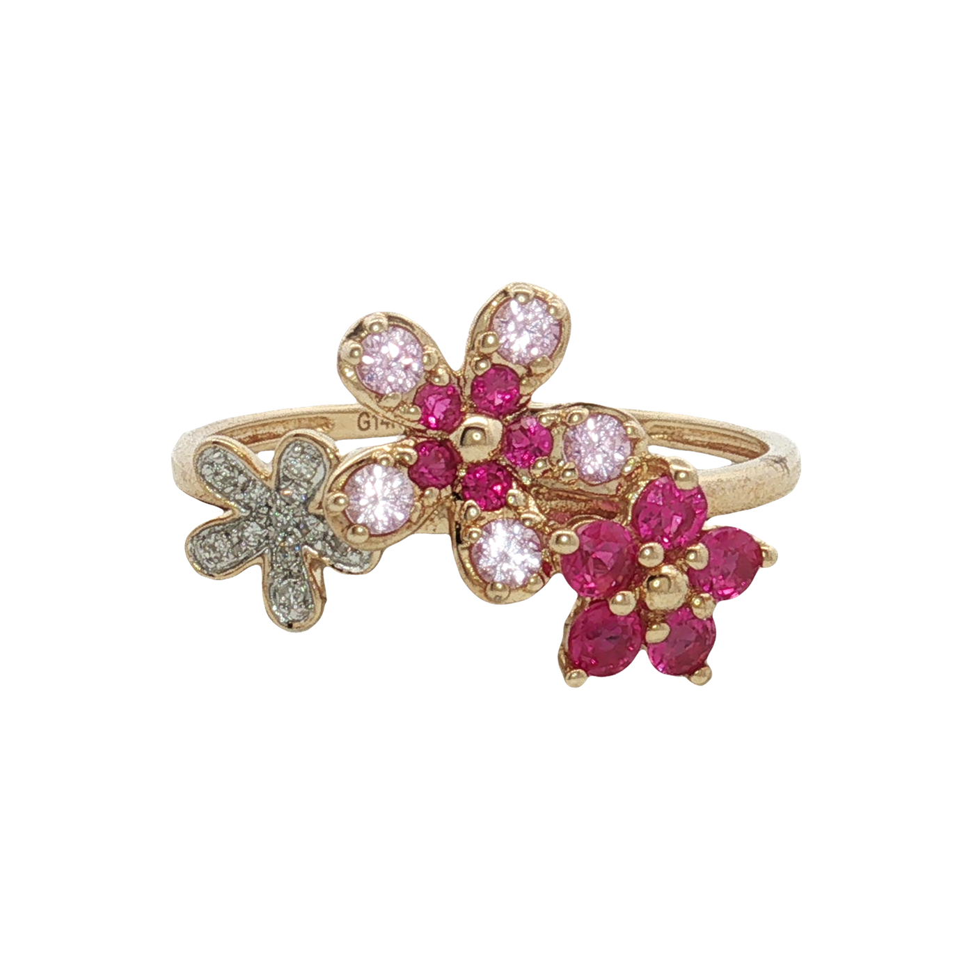 14K Yellow Gold Ruby, Pink Sapphire and Diamond Flower Ring