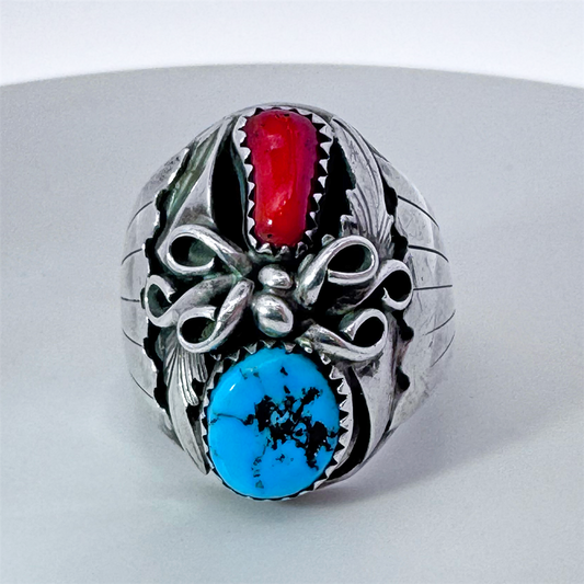 Estate- Mens Native American Sterling Silver Turquois and Coral Ring