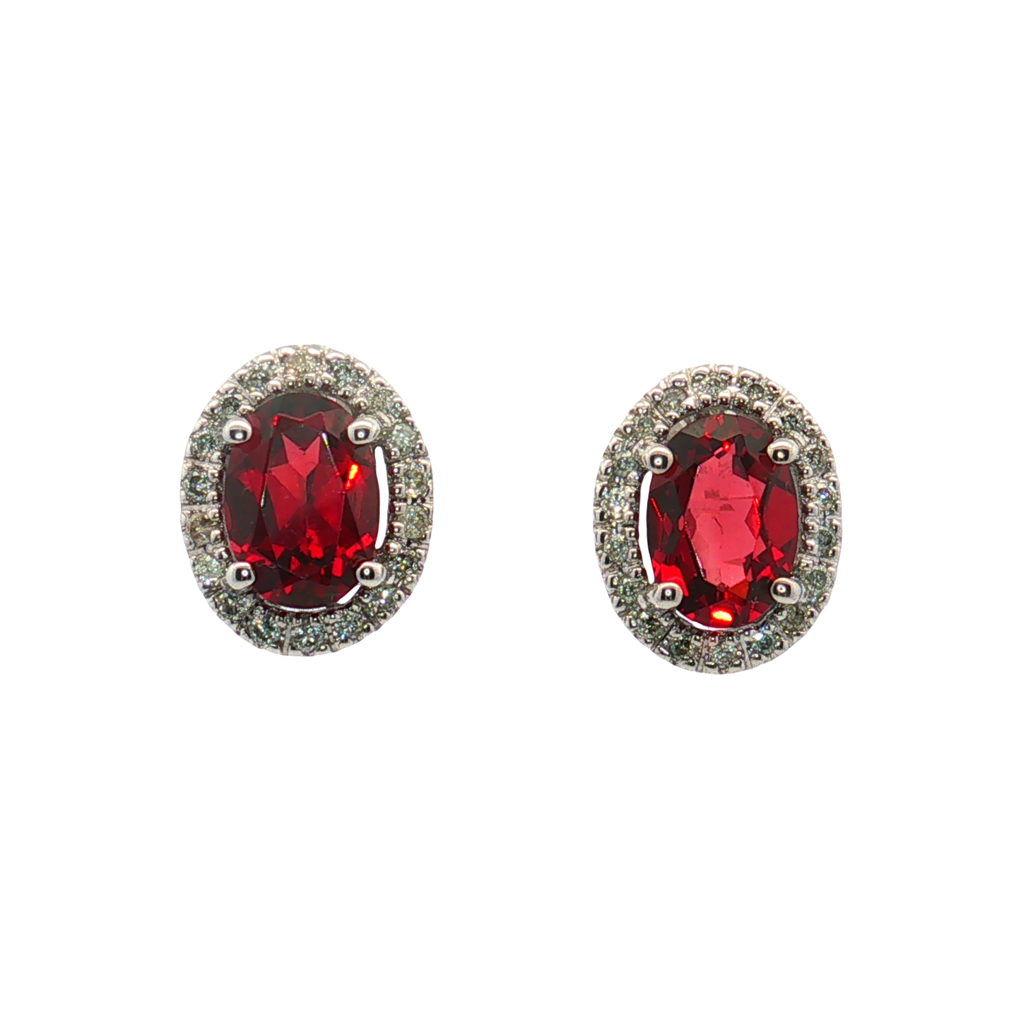 14K Yellow Gold Oval Garnet with Diamond Halo Stud Earrings