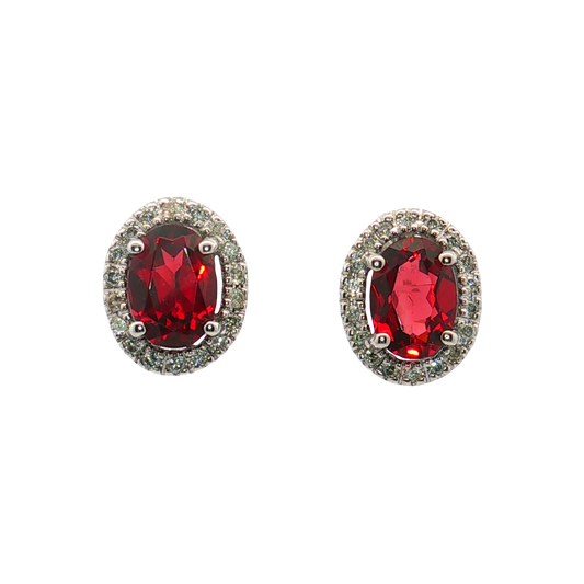 14K Yellow Gold Oval Garnet with Diamond Halo Stud Earrings