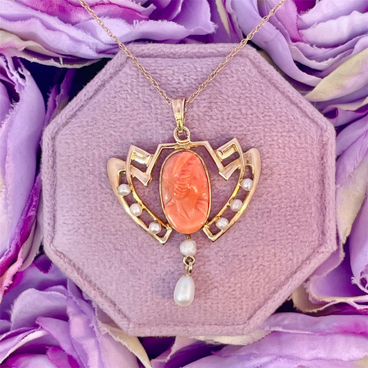 Estate- 14K Yellow Gold Coral Cameo and Pearl Lavalier Necklace