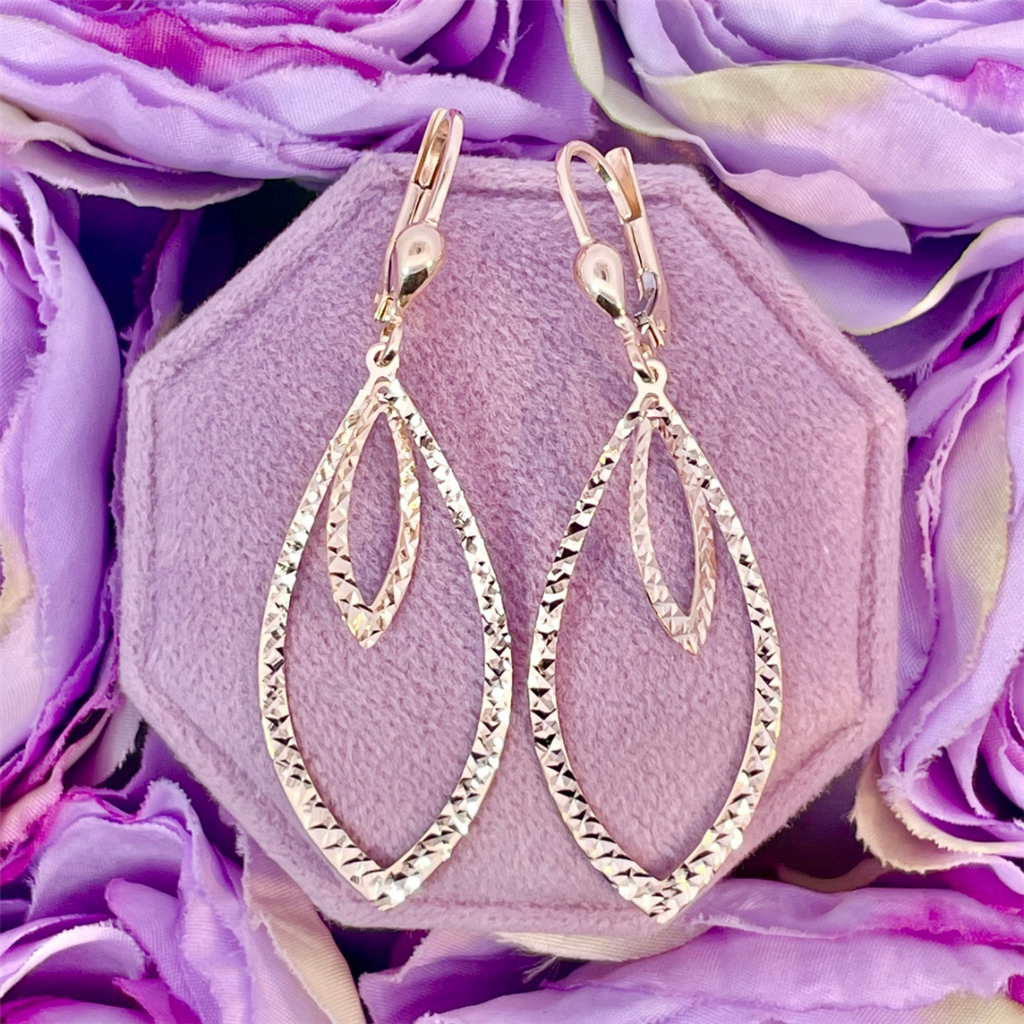 14K Yellow Gold Diamond Cut Double Drop Leverback Earrings