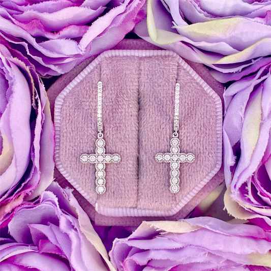 14K White Gold Cross Earrings with Round Diamonds