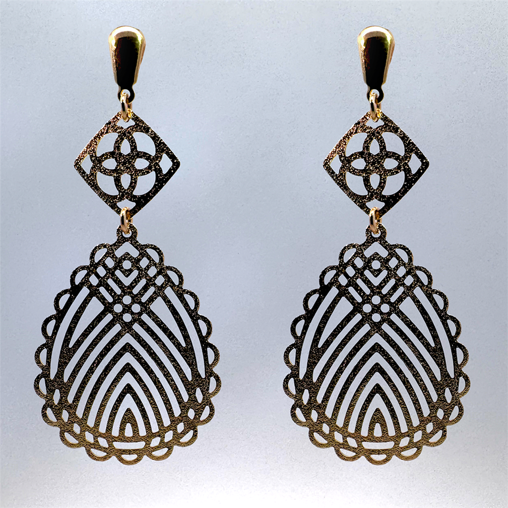 18K Yellow Gold-Filled Square Swirl Top with Lined Drop Textured Post Earrings