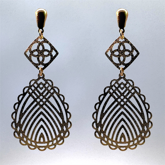 18K Yellow Gold-Filled Square Swirl Top with Lined Drop Textured Post Earrings