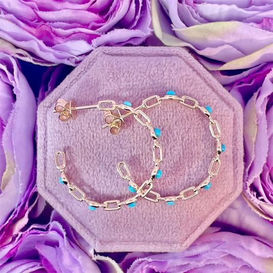 14K Yellow Gold Turquoise Hoop Earrings