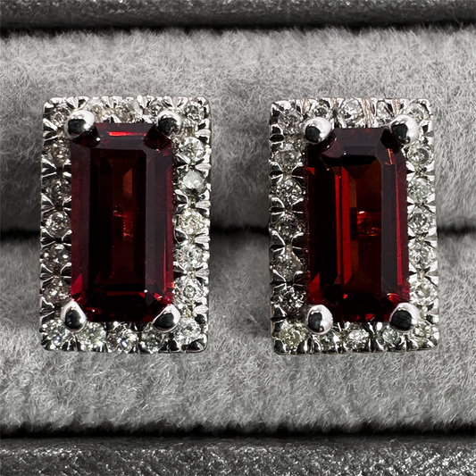 10K White Gold Garnet and Diamond Stud Earrings