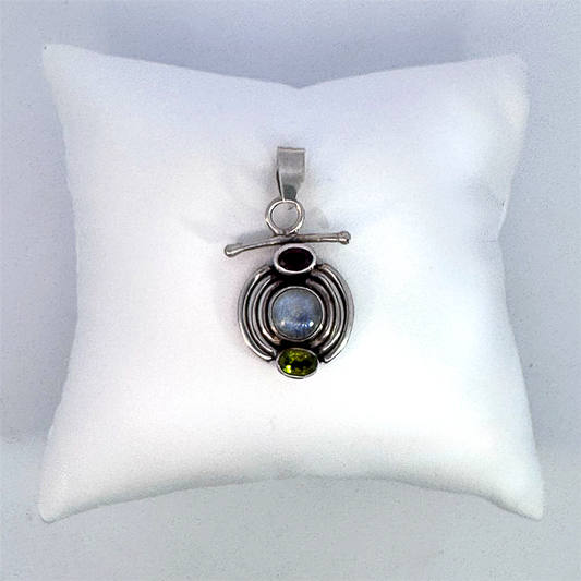 Estate- Sterling Silver Moonstone, Garnet and Peridot Pendant