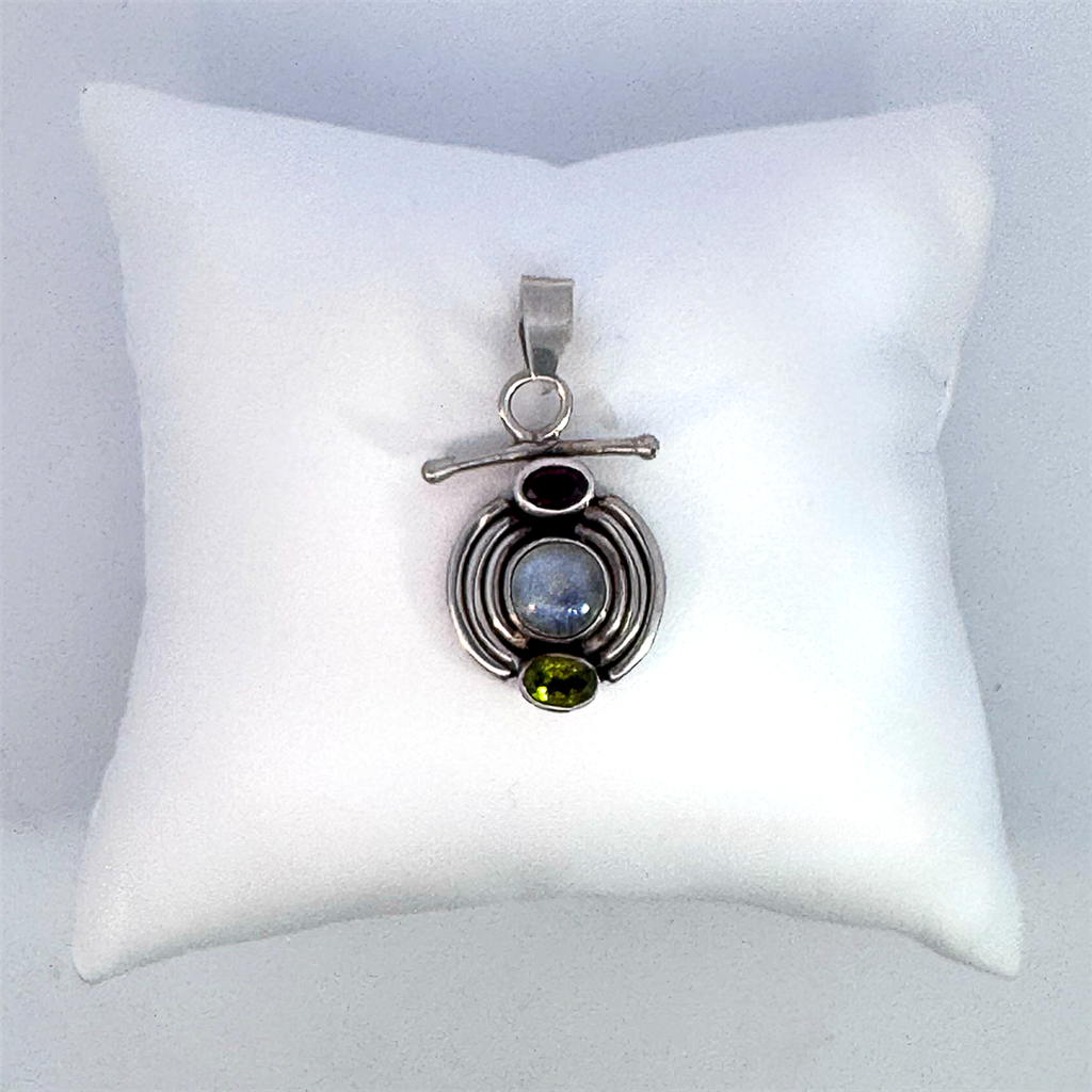 Estate- Sterling Silver Moonstone, Garnet and Peridot Pendant