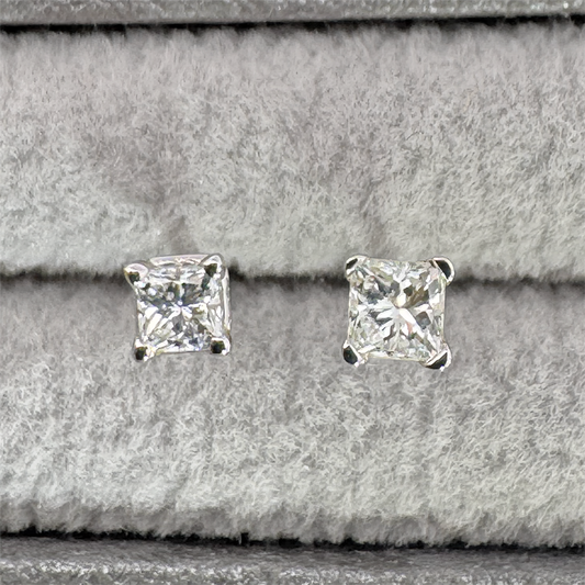 14K White Gold Princess Cut Diamond Threaded Post Stud Earrings