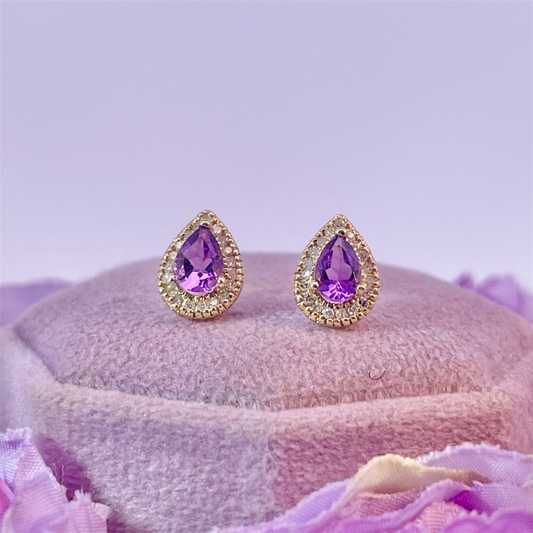 10K Yellow Gold Amethyst and Diamond Earrings