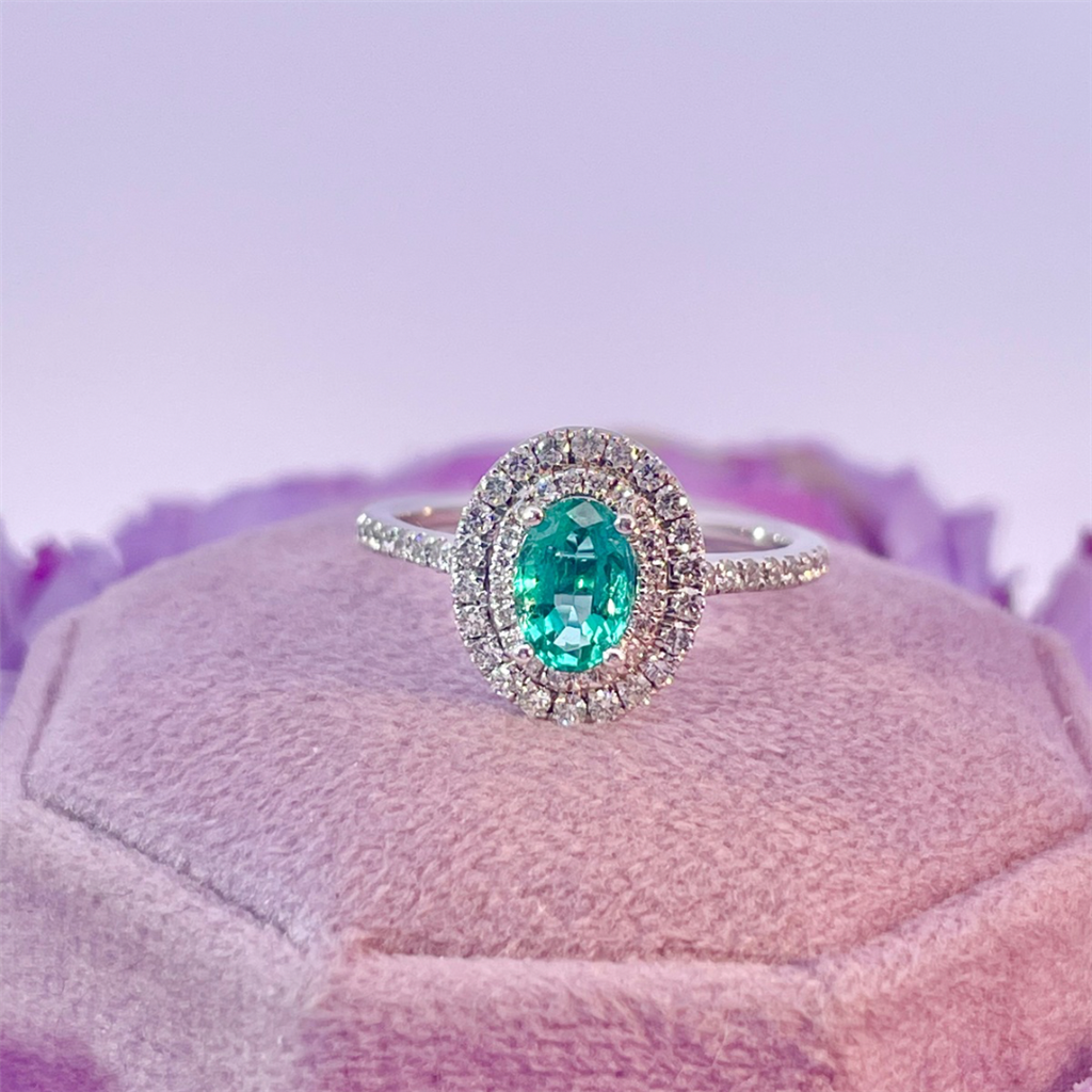 14K White Gold Emerald and Diamond Halo Ring