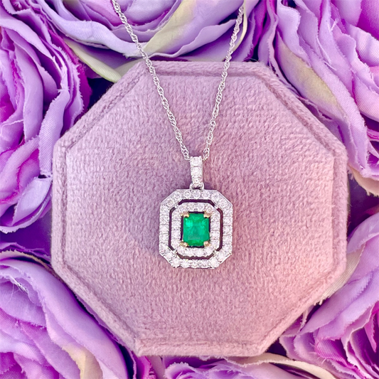 14K Two Tone Emerald and Diamond Pendant