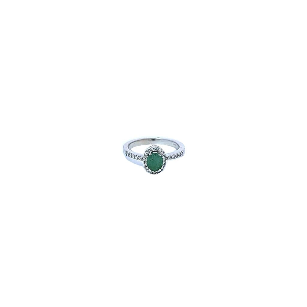 White Gold Emerald and Diamond Halo Ring