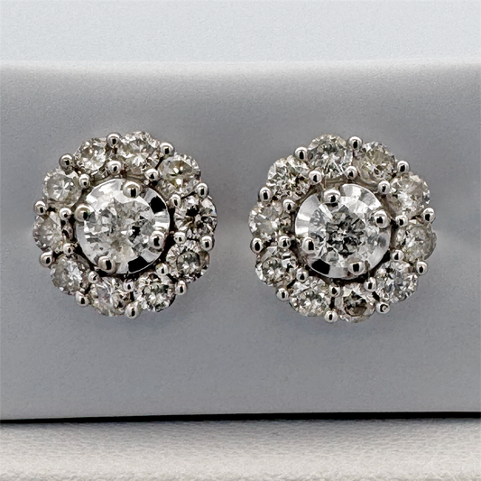 10K White Gold Diamond Round Cluster Stud Earrings