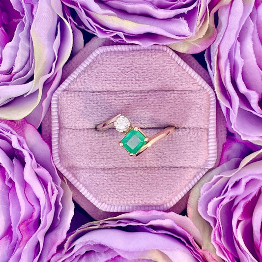 Estate-14K Two Tone Emerald and Diamond Ring