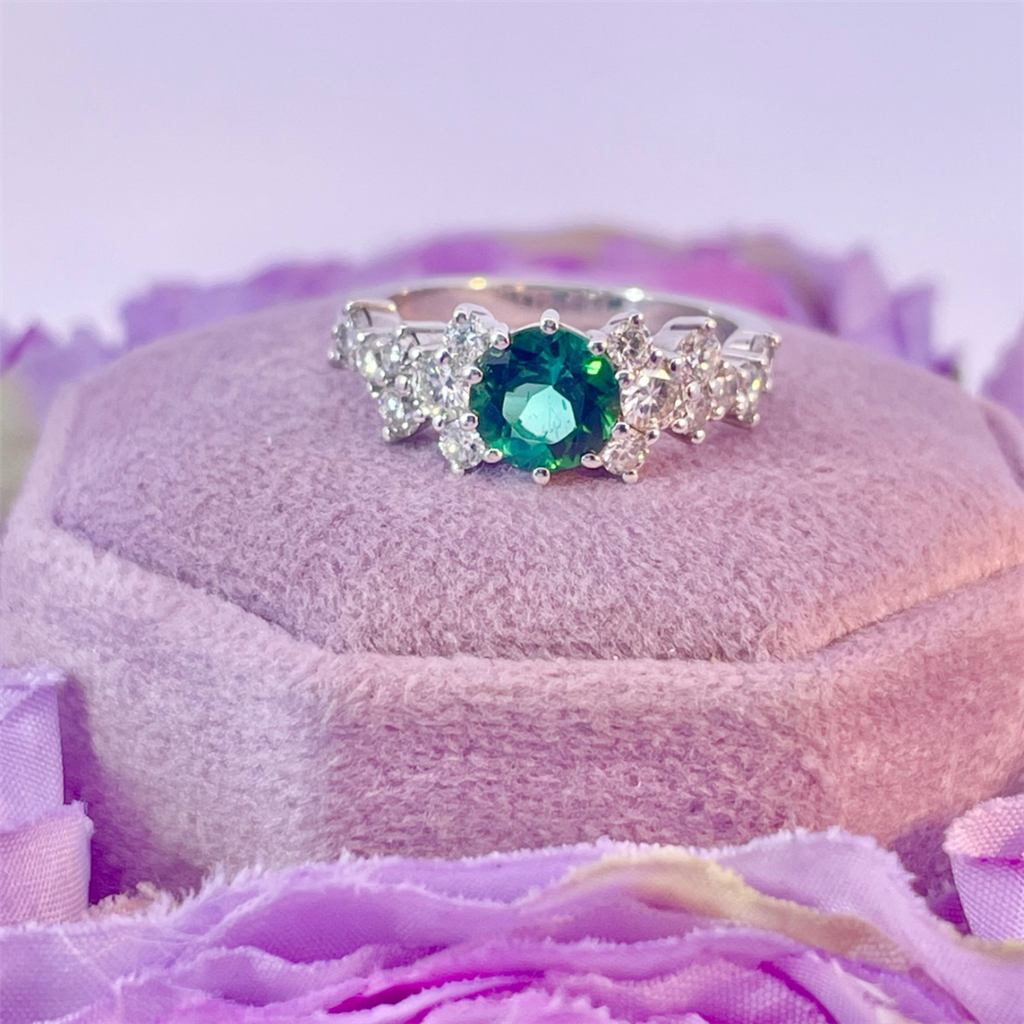 14K White Gold Green Tourmaline and Diamond Ring