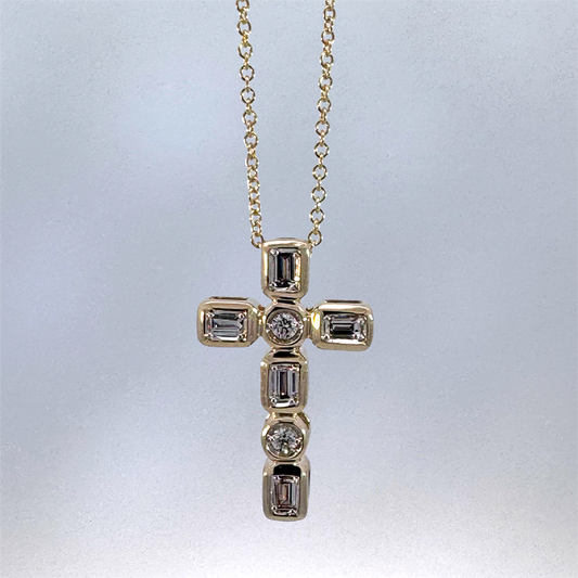 14K Yellow Gold Diamond Cross Pendant on a 14K Yellow Gold Cable Chain