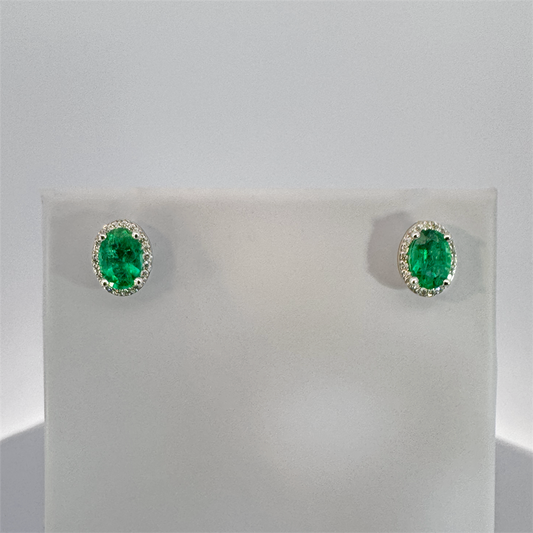 14K White Gold Oval Emerald and Diamond Earrings