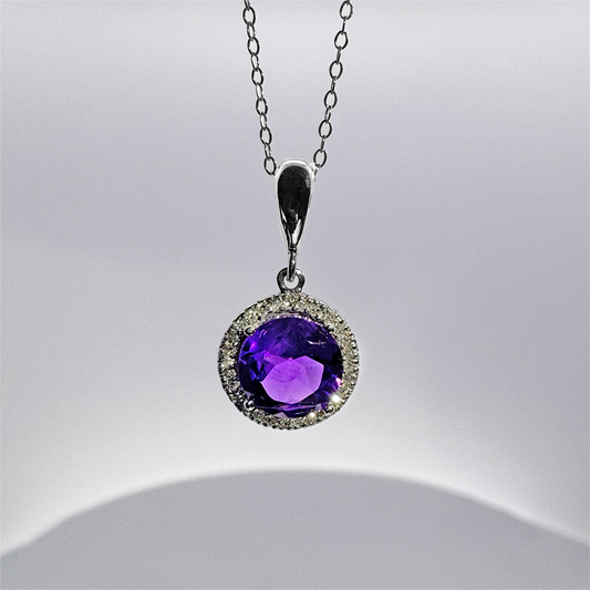 10K White Gold Amethyst and Diamond Pendant