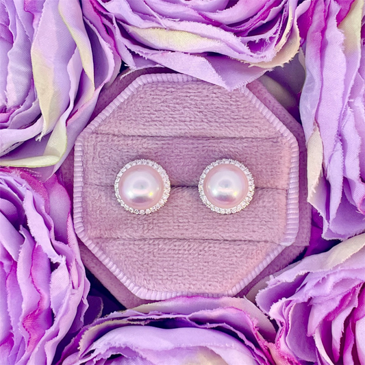 14K White Gold Akoya Pearl Stud Earrings with Diamond Halo