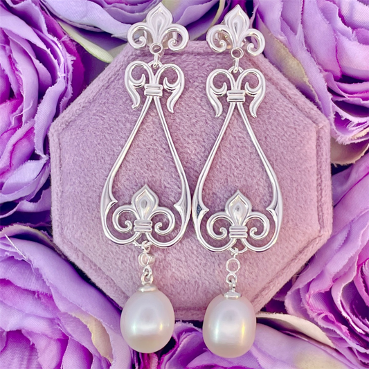 Sterling Silver Fleur-de-Lis and Freshwater Pearl Drop Earrings