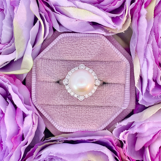 14K White Gold Freshwater Pearl and Diamond Ring