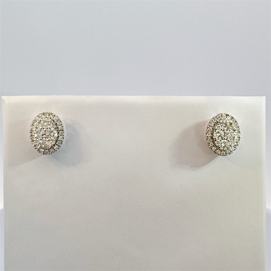 10K White Gold Diamond Oval Cluster Earrings