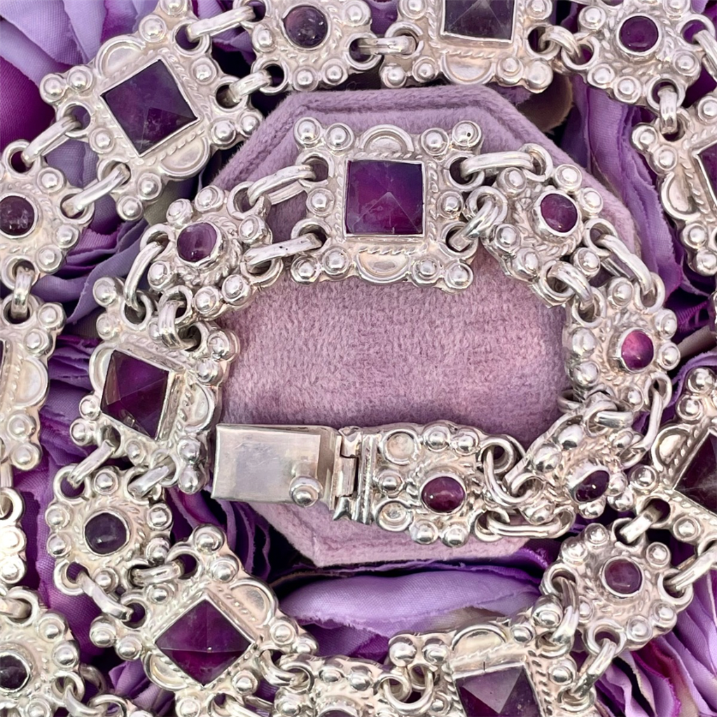 Estate-Ornate Sterling Silver and Amethyst necklace.