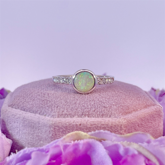 14K White Gold Opal and Diamond Ring