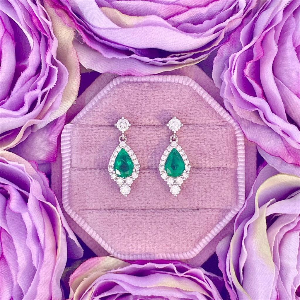 14K White Gold Emerald and Diamond Earrings