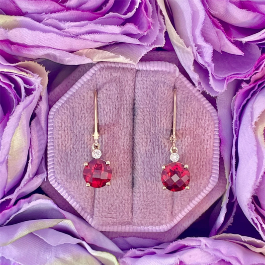14K Yellow Gold Garnet Dangle Earrings with Accent Diamonds
