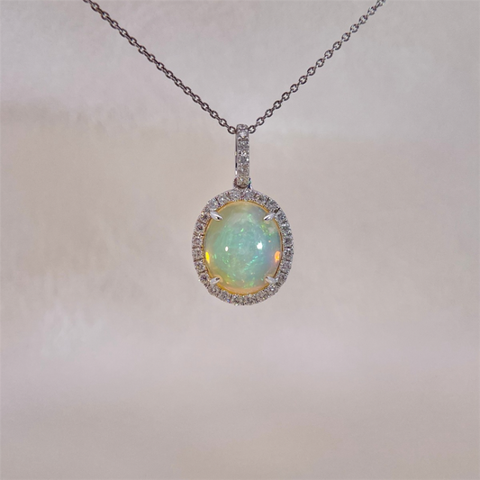 14K White Gold Opal and Diamond Necklace